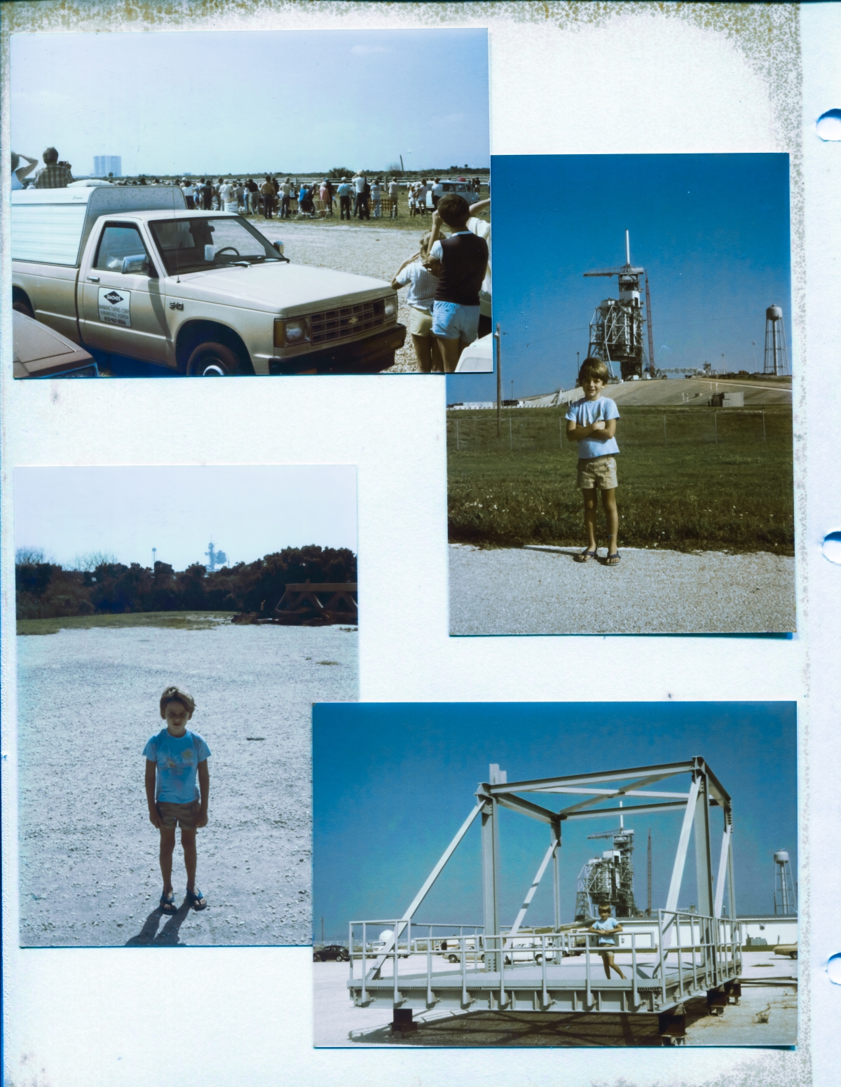 Image 082 thru 085 Whole Page. Second ever landing of a Space Shuttle mission at the Kennedy Space Center, October 13, 1984. NASA held an Open House that day for badged employees and their family members. Mission 41-G landed using runway 33, flying south to north, and it is VERY faintly visible to the right of the VAB in the top left photograph on this page, and we will examine that closely as an individual image, farther down on this page. On this day, I took my son Kai to see the landing, out where his dad worked on the Launch Pad, and we parked with everyone else at the end of the Crawlerway, just outside the Pad Perimeter Fence, near the Ops Building. After the landing, when everyone else had departed and we were alone at the Pad, we lingered a while as I photographed Kai in the empty Ops Building parking lot with Pad A in the distance behind him, then on the Centaur Porch (his footprints forever more on actual Launch Hardware, and much more on this steel structure later), and then I drove a short way west on the bypass road just outside the Perimeter Fence to a location nearly in line with the southwest Pad Camera Site (you're not allowed to do any of this, but we did it anyway and priceless memories unlike any other are the reward, and no trouble ensued as a result) to get another photograph of Kai with the RSS/FSS directly behind him, from a different angle. The look on his face says it all. No words can ever add to that look, and I'll not attempt to offer any. The Pad Structures are far away, but these images contain information critical to documenting the sequence of erection, and we'll be getting into that, farther down on this page, too. Photo by James MacLaren.